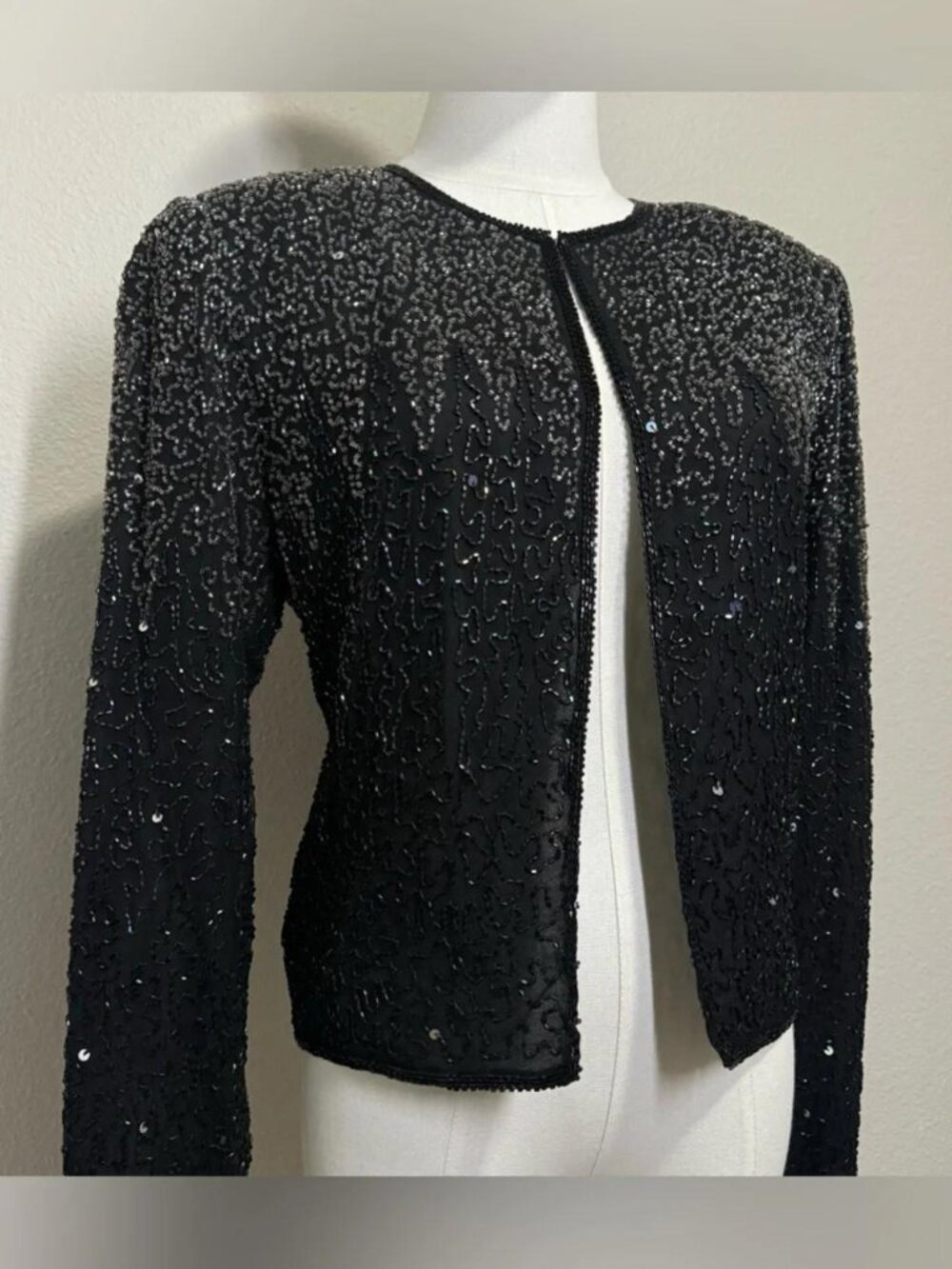 NEW 90s STÉNAY Beaded 100% Silk Bolero Jacket | Black Silver Sequin Evening L